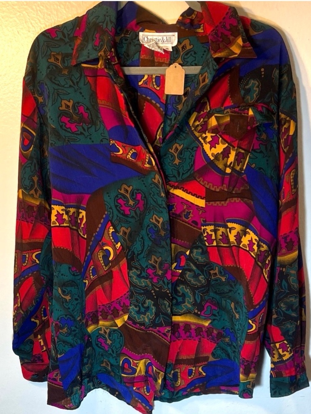 Vintage 80s Colorful Patterned Women's Blouse Long Sleeve Collared Medium Large